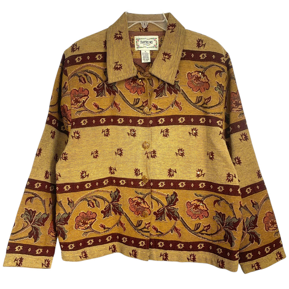 Vintage 1990s Tantrums M Brown Gold Tapestry Jacket Embroidered Beaded Pockets - Picture 2 of 8